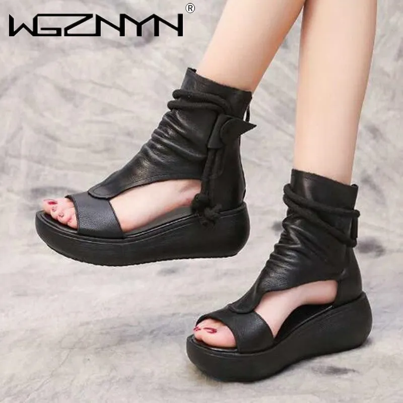 Summer Black Leather Sandals Cool Boots Platform Shoes Wedges Sandals