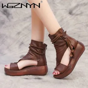 Summer Black Leather Sandals Cool Boots Platform Shoes Wedges Sandals