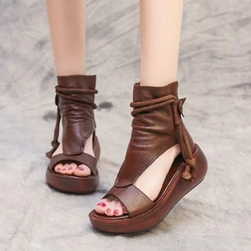 Summer Black Leather Sandals Cool Boots Platform Shoes Wedges Sandals