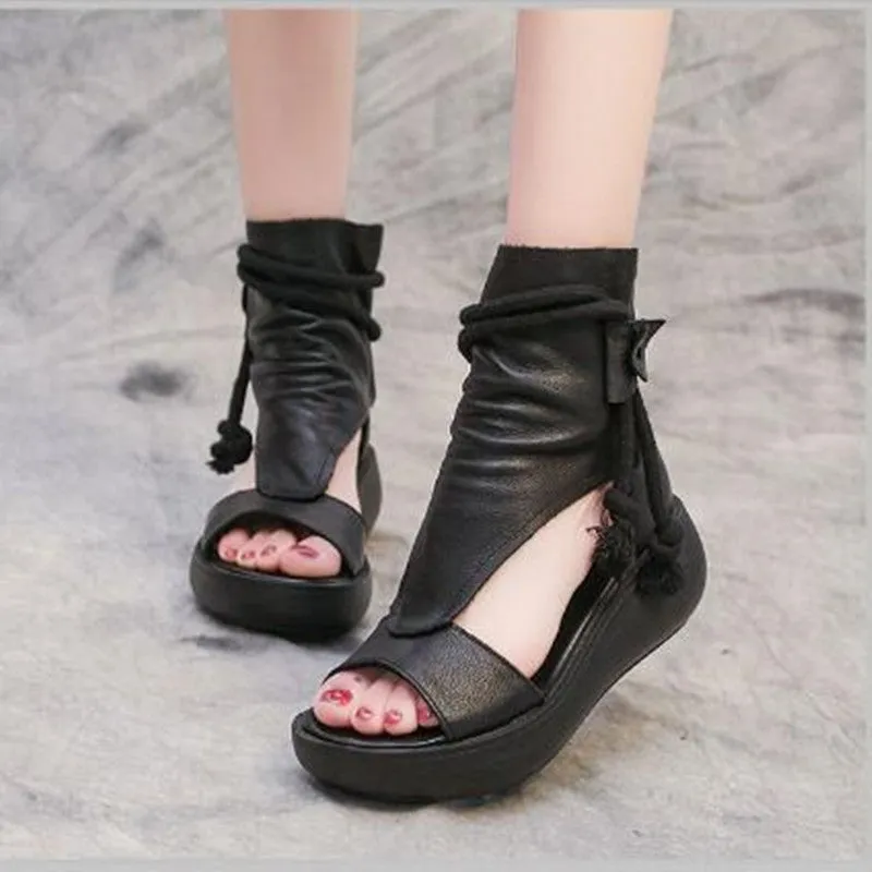 Summer Black Leather Sandals Cool Boots Platform Shoes Wedges Sandals