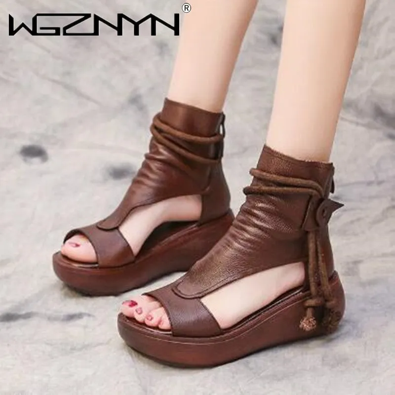 Summer Black Leather Sandals Cool Boots Platform Shoes Wedges Sandals