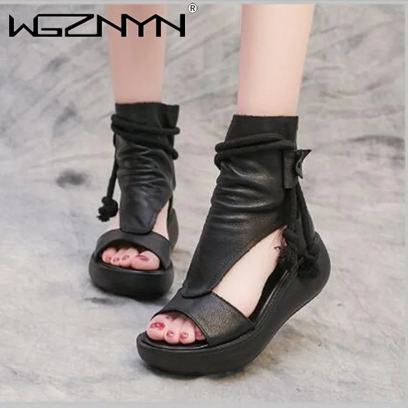 Summer Black Leather Sandals Cool Boots Platform Shoes Wedges Sandals