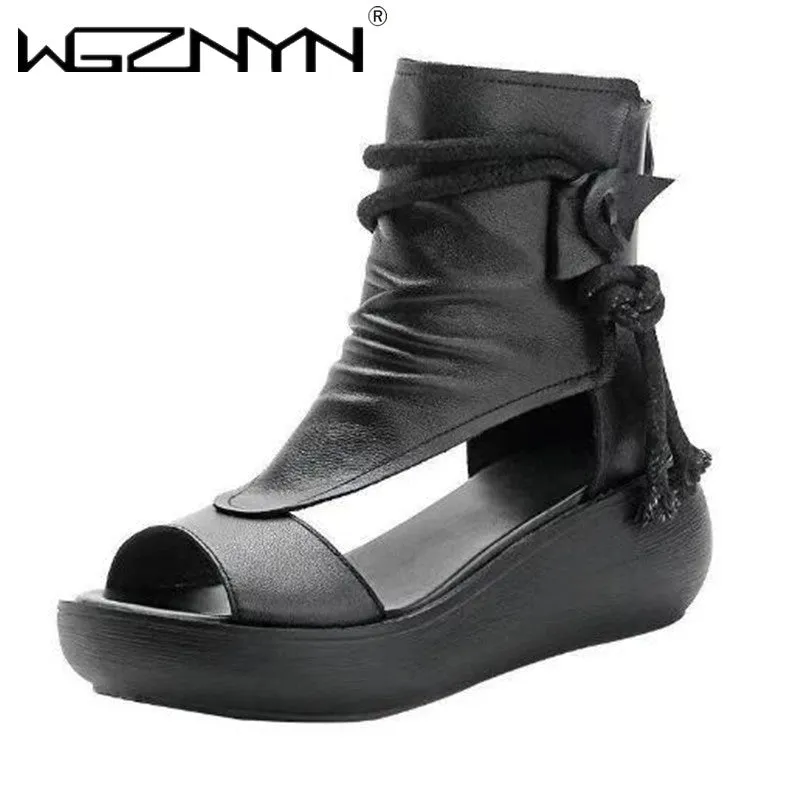 Summer Black Leather Sandals Cool Boots Platform Shoes Wedges Sandals