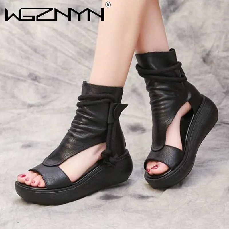 Summer Black Leather Sandals Cool Boots Platform Shoes Wedges Sandals