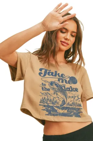 TAKE ME TO THE LAKE CROP TEE - TAN