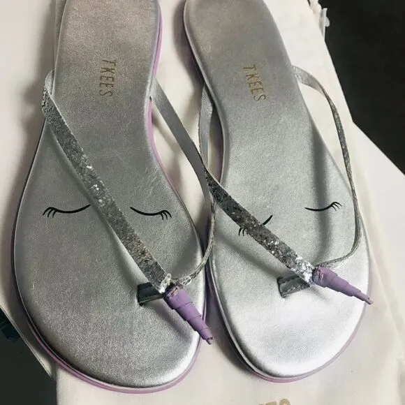 TKEES flip flops leather, silver sparkle size T4
