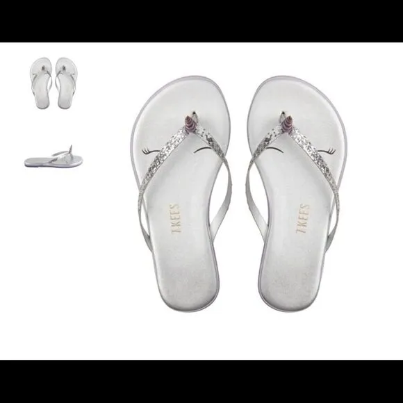 TKEES flip flops leather, silver sparkle size T4