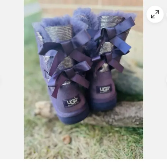 Ugg Bailey Bow Shimmer Purple Sliver Boots Girls Sz 6 Youth 1004795Y Fast Ship