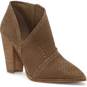 VINCE CAMUTO Lamorna Perforated Leather Pointy Bootie, Stacked Heel, Brown, 8.5