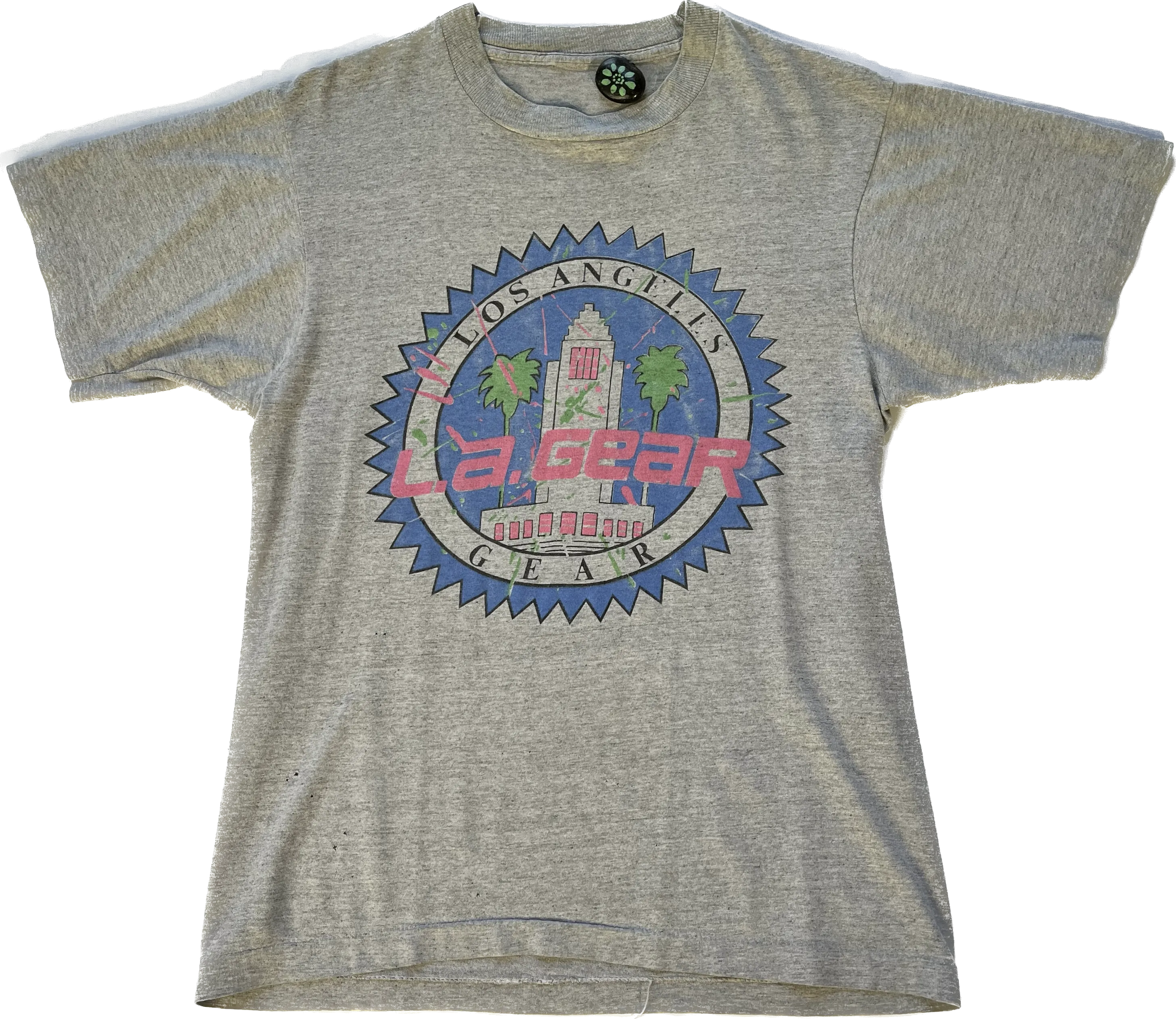 VTG Single Stitch LA GEAR City Skyline Graphic Tee - Grey/Neon