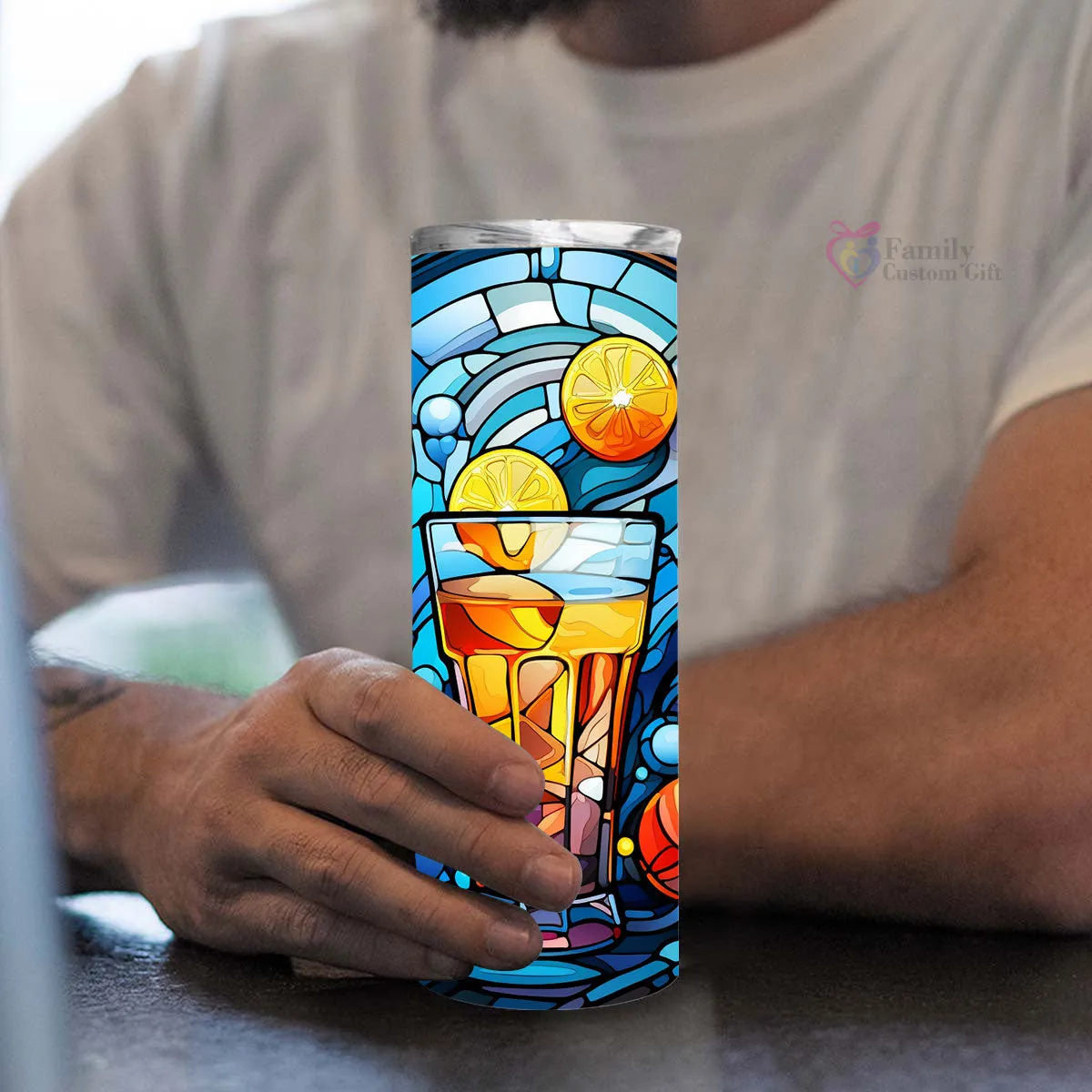Watercolor Gin Cocktail In Stained Glass 20oz Skinny Tumbler, Gin Mix, Gin Lover Gifts, Alcohol Drink, Alcohol Tumbler, Vibrant Tumbler, Trending Tumbler