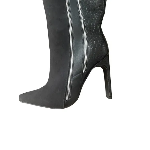Womens Boots Size 8.5 Black Faux Suede Leather Double Zipper Knee Boots