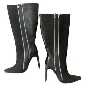 Womens Boots Size 8.5 Black Faux Suede Leather Double Zipper Knee Boots