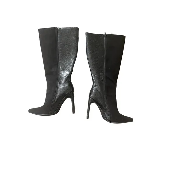 Womens Boots Size 8.5 Black Faux Suede Leather Double Zipper Knee Boots