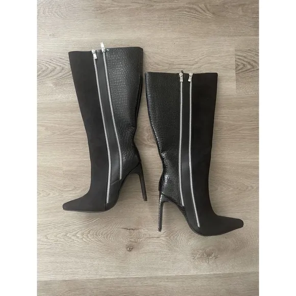 Womens Boots Size 8.5 Black Faux Suede Leather Double Zipper Knee Boots