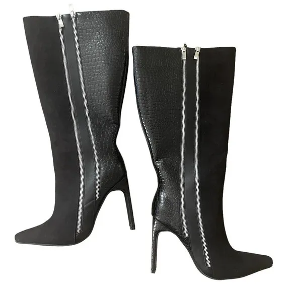 Womens Boots Size 8.5 Black Faux Suede Leather Double Zipper Knee Boots